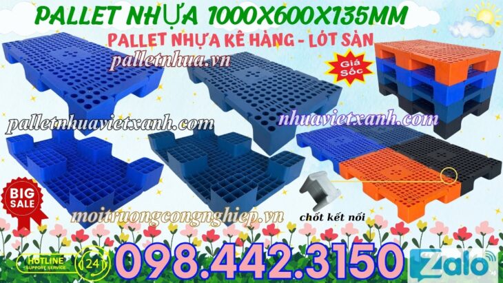 Pallet nhựa 1000x600x135mm có chốt nối
