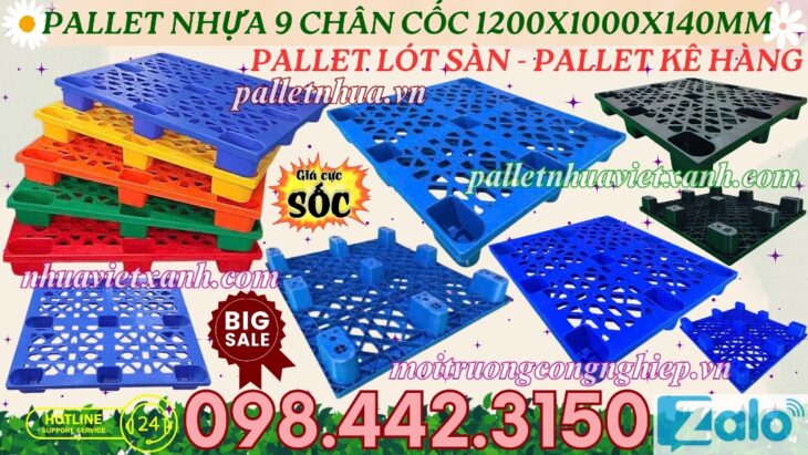 Pallet nhựa cốc 9 chân 1200x1000x140mm mặt lưới