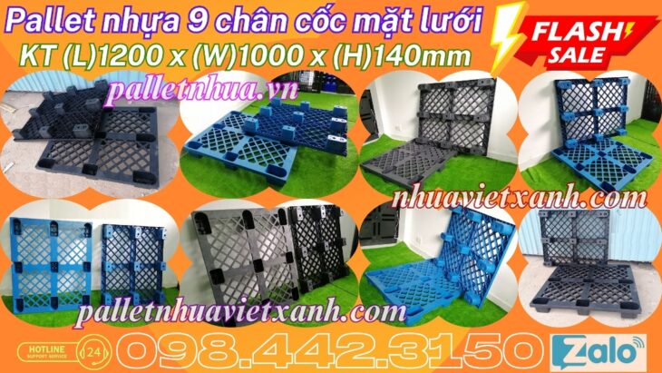 Pallet nhựa cốc 9 chân 1200x1000x140mm