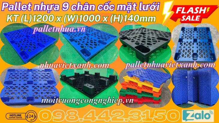 Pallet nhựa cốc 9 chân 1200x1000x140mm mặt lưới
