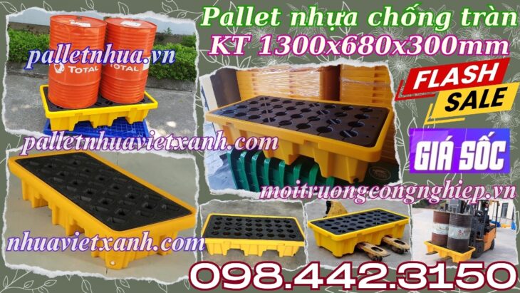 Pallet nhựa chống tràn dầu – hóa chất 2 phuy 1300x680x300mm