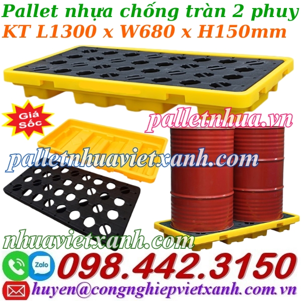 Pallet nhựa chống tràn dầu – hóa chất 2 phuy 1300x680x150mm
