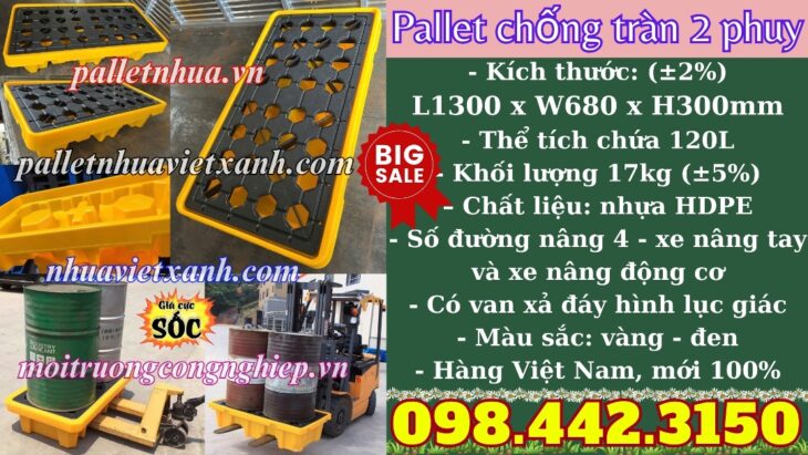 Pallet nhựa chống tràn 2 phuy KT 1300x680x300mm
