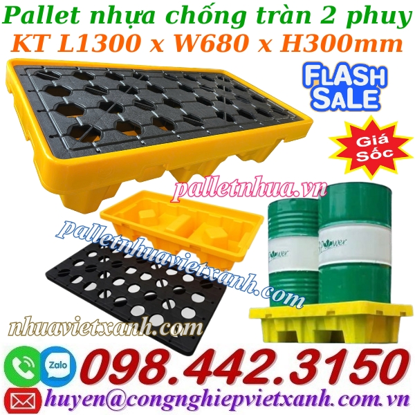 Pallet nhựa chống tràn 2 phuy KT 1300x680x300mm