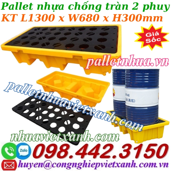 Pallet nhựa chống tràn dầu – hóa chất 2 phuy 1300x680x300mm