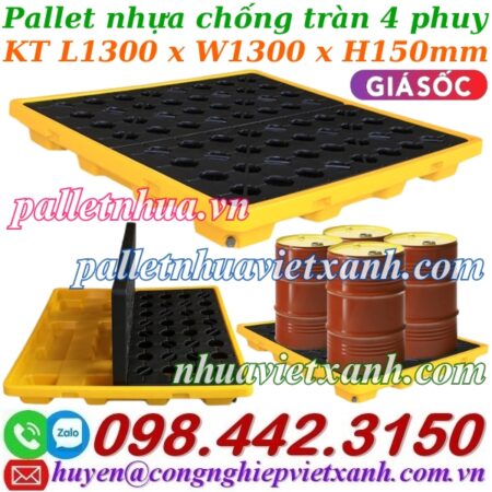 Pallet nhựa chống tràn dầu – hóa chất 4 phuy 1300x1300x150mm Pallet nhựa chống tràn dầu – hóa chất 4 phuy 1300x1300x150mm