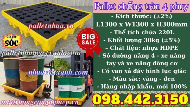 Pallet nhựa chống tràn 4 phuy KT 1300x1300x300mm
