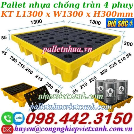 Pallet nhựa chống tràn 4 phuy KT 1300x1300x300mm Pallet nhựa chống tràn 4 phuy KT 1300x1300x300mm