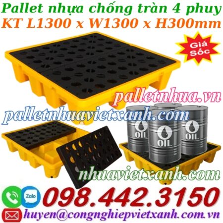 Pallet nhựa chống tràn dầu – hóa chất 4 phuy 1300x1300x150mm Pallet nhựa chống tràn dầu – hóa chất 4 phuy 1300x1300x150mm