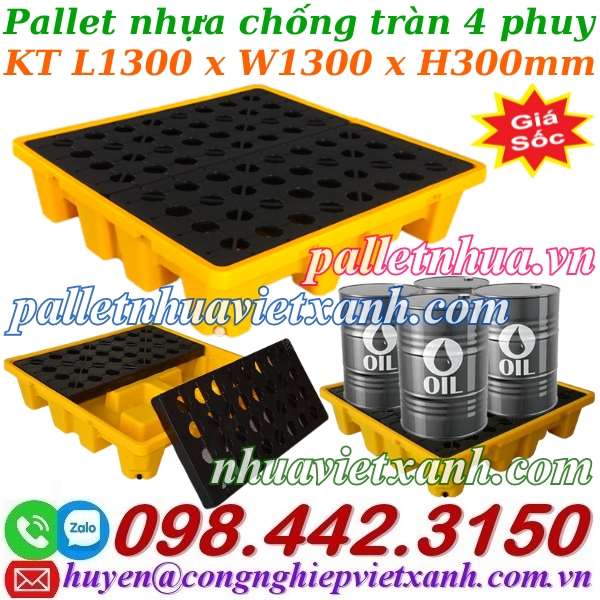 Pallet nhựa chống tràn dầu – hóa chất 4 phuy 1300x1300x150mm