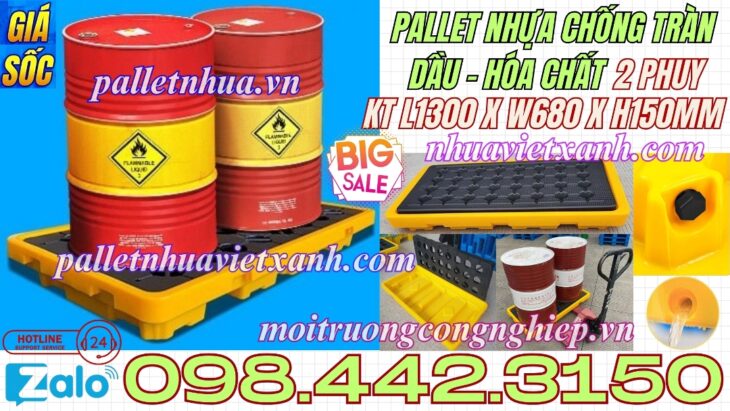 Pallet nhựa chống tràn dầu – hóa chất 2 phuy 1300x680x150mm