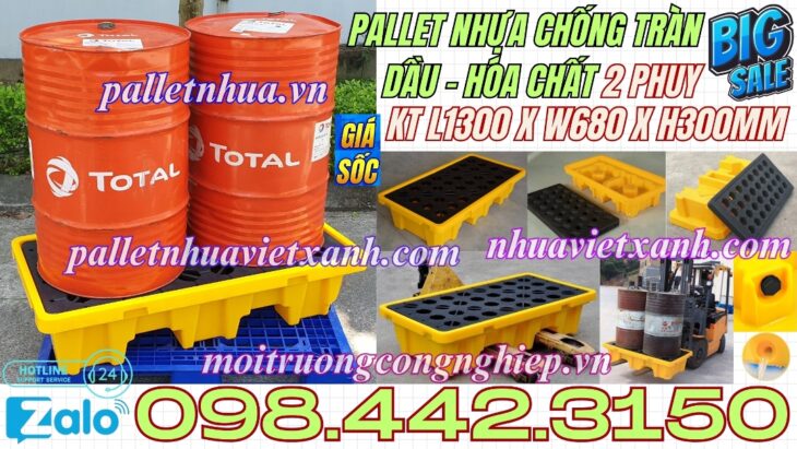 Pallet nhựa chống tràn dầu – hóa chất 2 phuy 1300x680x300mm