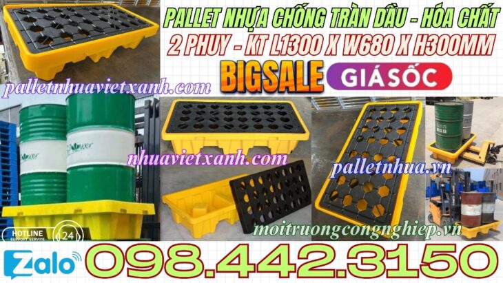 Pallet nhựa chống tràn 2 phuy KT 1300x680x300mm