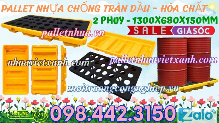 Pallet nhựa chống tràn dầu – hóa chất 2 phuy 1300x680x150mm