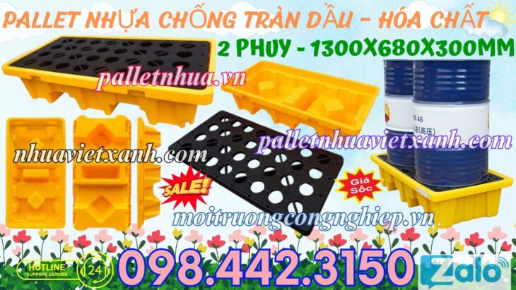 Pallet nhựa chống tràn dầu – hóa chất 2 phuy 1300x680x300mm