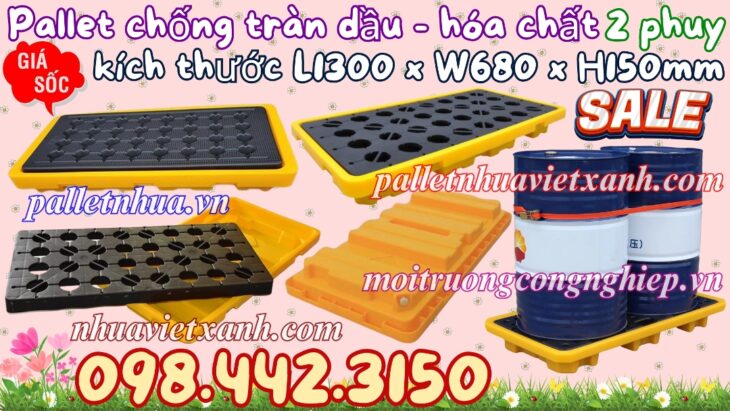 Pallet nhựa chống tràn dầu – hóa chất 2 phuy 1300x680x150mm