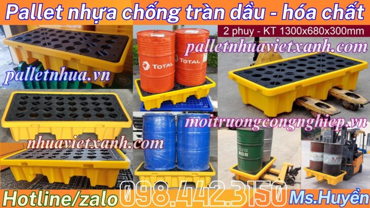 Pallet nhựa chống tràn dầu – hóa chất 2 phuy 1300x680x300mm
