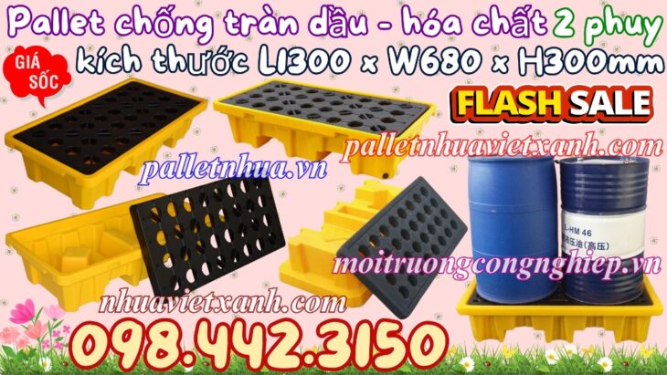 Pallet nhựa chống tràn dầu – hóa chất 2 phuy 1300x680x300mm