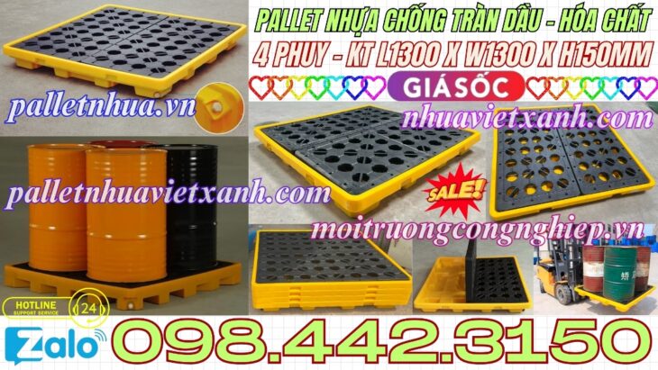 Pallet nhựa chống tràn dầu – hóa chất 4 phuy 1300x1300x150mm