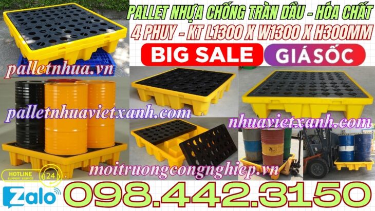 Pallet nhựa chống tràn dầu – hóa chất 4 phuy 1300x1300x150mm