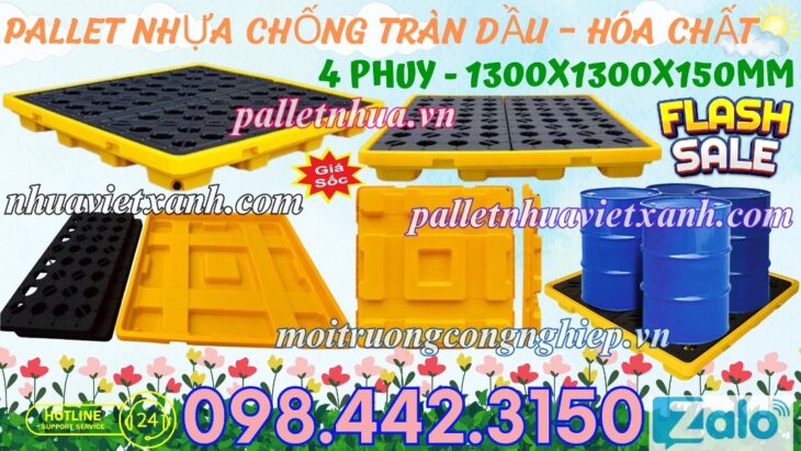 Pallet nhựa chống tràn dầu – hóa chất 4 phuy 1300x1300x150mm