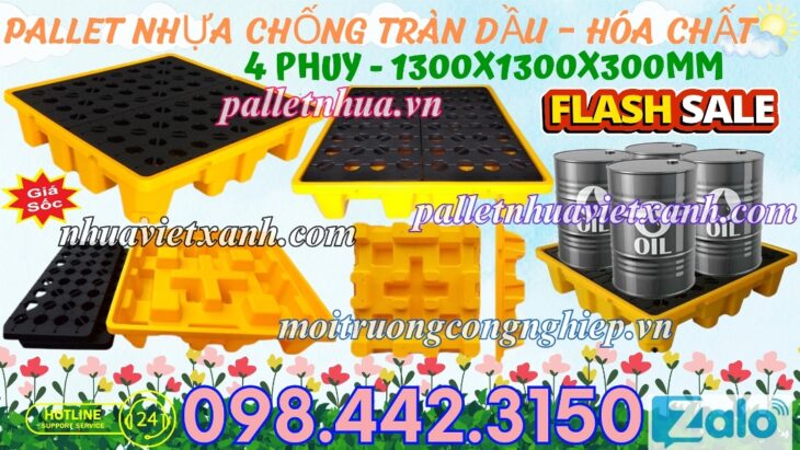 Pallet nhựa chống tràn dầu – hóa chất 4 phuy 1300x1300x150mm