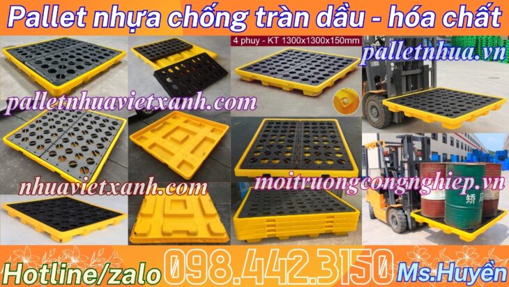 Pallet nhựa chống tràn dầu – hóa chất 4 phuy 1300x1300x150mm