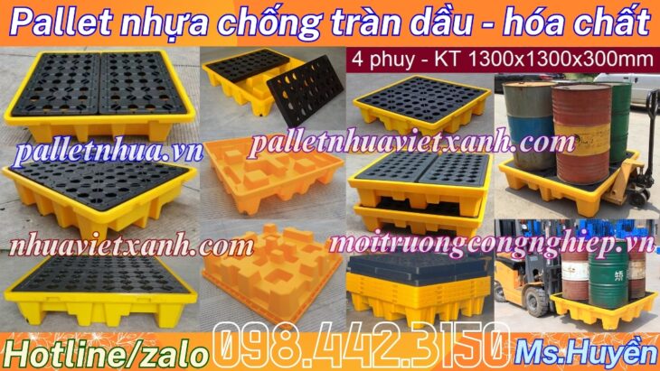 Pallet nhựa chống tràn dầu – hóa chất 4 phuy 1300x1300x150mm