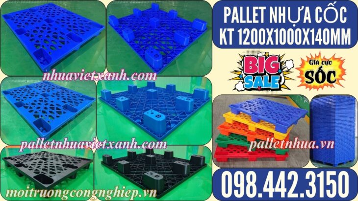 Pallet nhựa cốc 9 chân 1200x1000x140mm mặt lưới