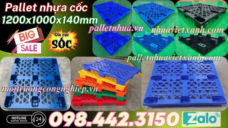 Pallet nhựa cốc 9 chân 1200x1000x140mm mặt lưới