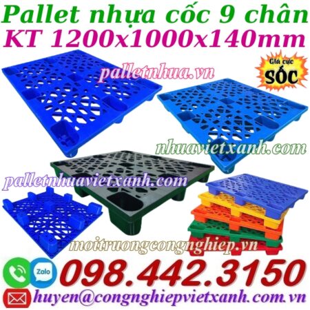 Pallet nhựa cốc 9 chân 1200x1000x140mm mặt lưới Pallet nhựa cốc 9 chân 1200x1000x140mm mặt lưới