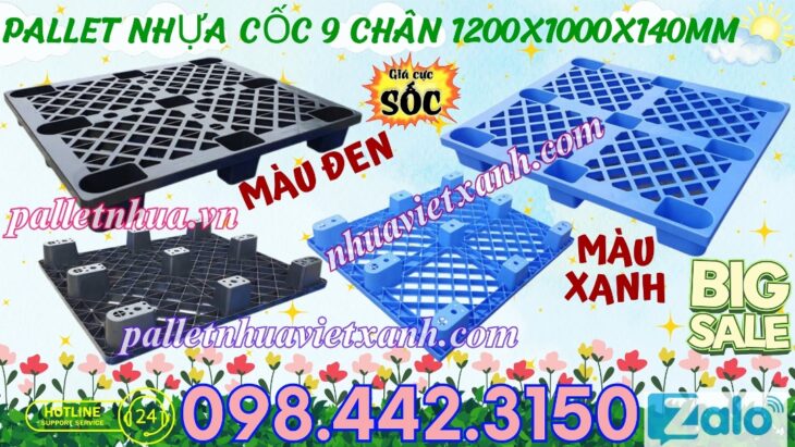 Pallet nhựa cốc 9 chân 1200x1000x140mm