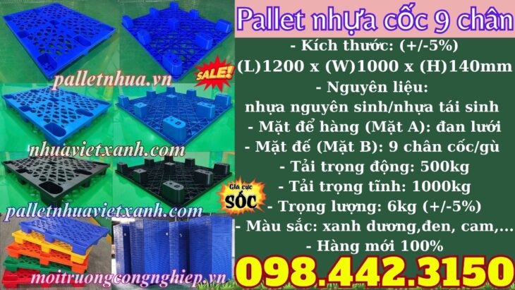 Pallet nhựa cốc 9 chân 1200x1000x140mm mặt lưới