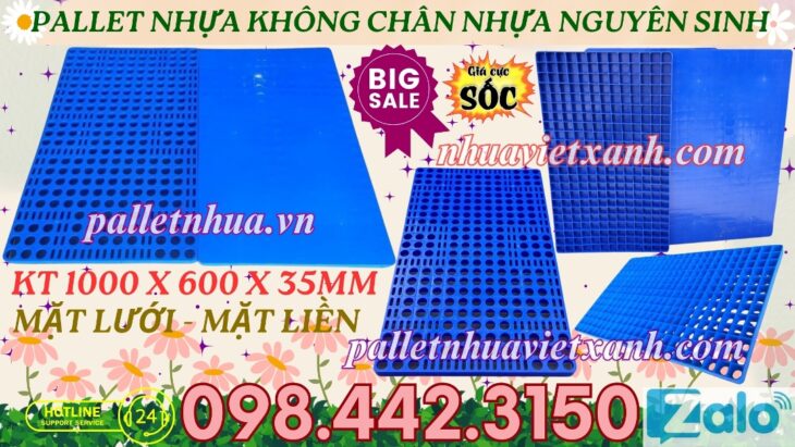 Pallet nhựa lót sàn không chân 1000x600x35mm nhựa nguyên sinh
