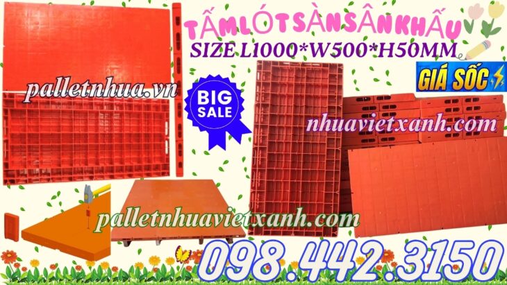Pallet nhựa làm sân khấu 1000x500x50mm mặt kín màu cam