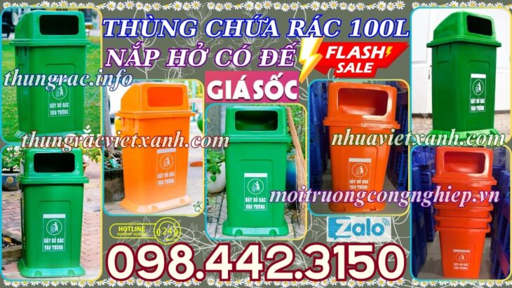 Thùng rác 100 lít nắp hở có đế nhựa HDPE