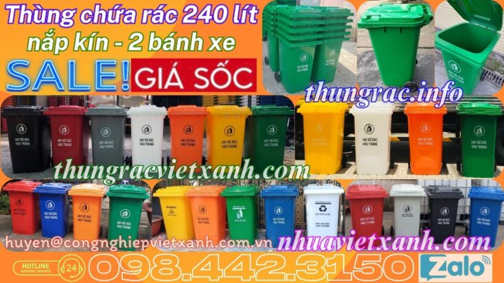 Thùng rác nhựa 240L nắp kín nhiều màu sắc giúp phân loại rác thải