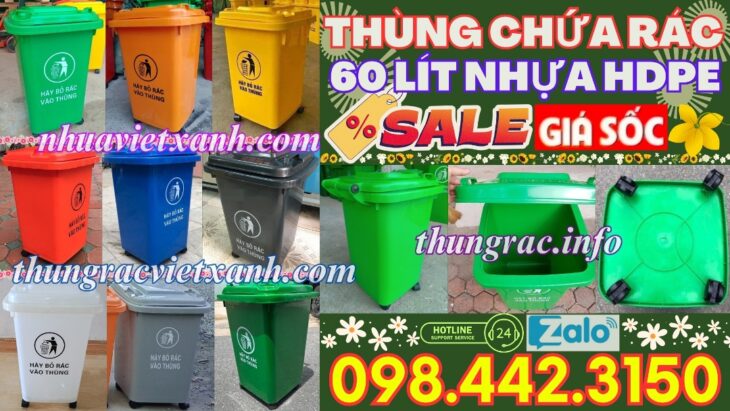 Thùng rác 60 lít nắp kín nhựa HDPE 4 bánh xe – nhiều màu sắc phân loại rác