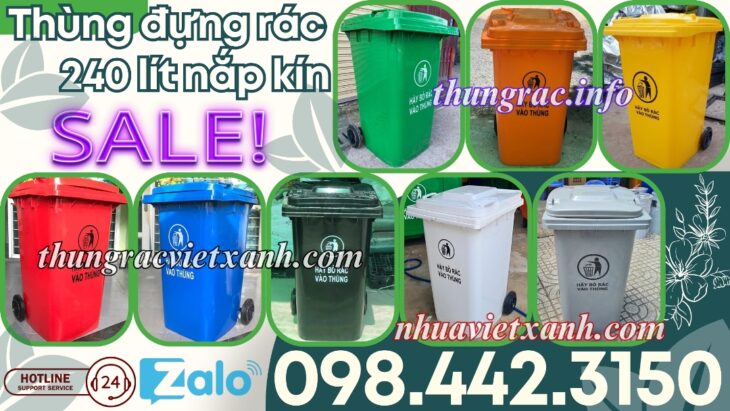 Thùng rác nhựa 240L nắp kín nhiều màu sắc giúp phân loại rác thải