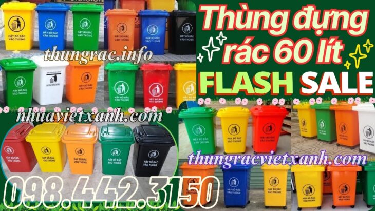 Thùng rác 60 lít nắp kín nhựa HDPE 4 bánh xe – nhiều màu sắc phân loại rác