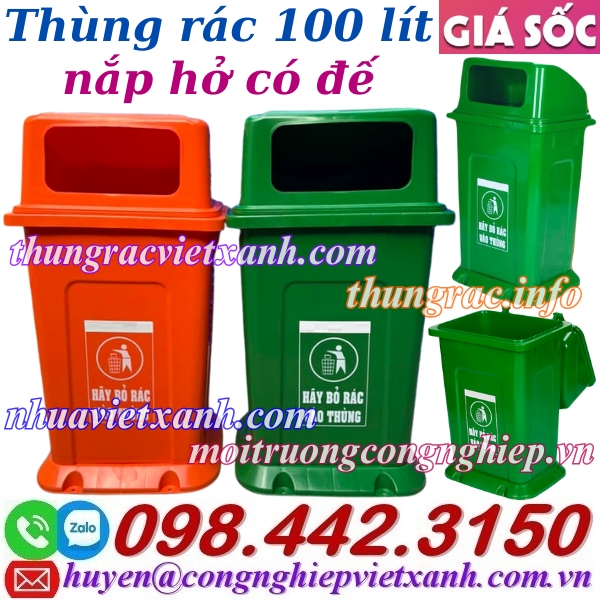 Thùng rác 100 lít nắp hở có đế nhựa HDPE