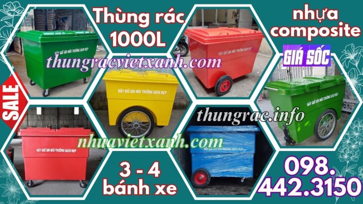 Thùng rác 1000 lít nhựa composite 4 bánh xe và 3 bánh xe