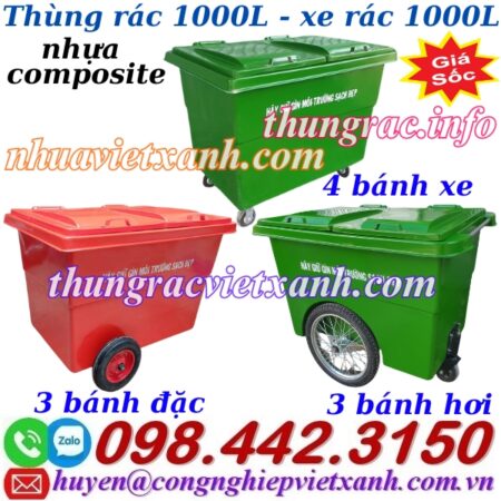 Thùng rác 1000 lít nhựa composite 4 bánh xe và 3 bánh xe