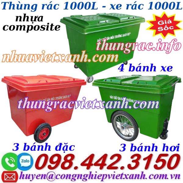Thùng rác 1000 lít nhựa composite 4 bánh xe và 3 bánh xe