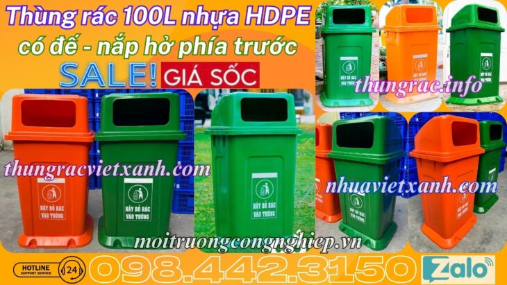 Thùng rác 100 lít nắp hở có đế nhựa HDPE