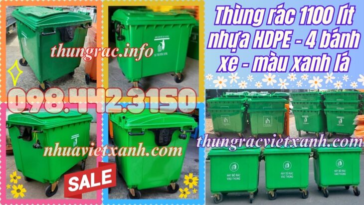 Thùng rác 1100 lít nhựa HDPE – 4 bánh xe – màu xanh lá