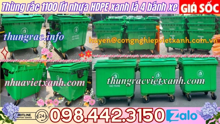 Thùng rác 1100 lít nhựa HDPE – 4 bánh xe – màu xanh lá