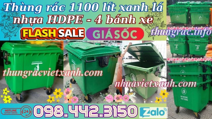 Thùng rác 1100 lít nhựa HDPE – 4 bánh xe – màu xanh lá