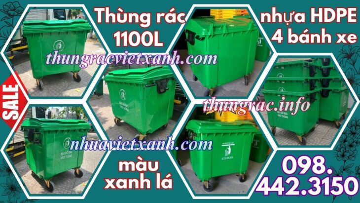 Thùng rác 1100 lít nhựa HDPE – 4 bánh xe – màu xanh lá