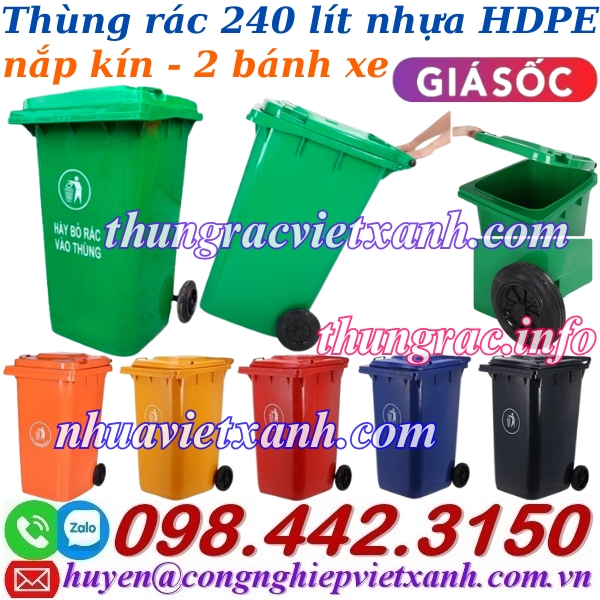 Thùng rác nhựa 240L nắp kín nhiều màu sắc giúp phân loại rác thải